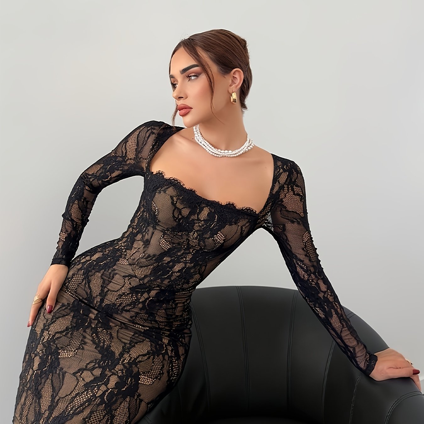Black Square Neckline Lace Bodycon Long Evening Dress