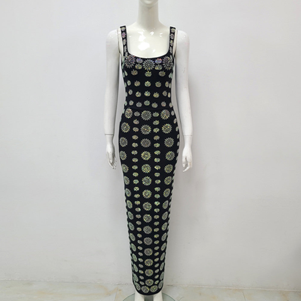 Black Sleeveless U-neck Rhinestone Slim Bandage Evening Dress