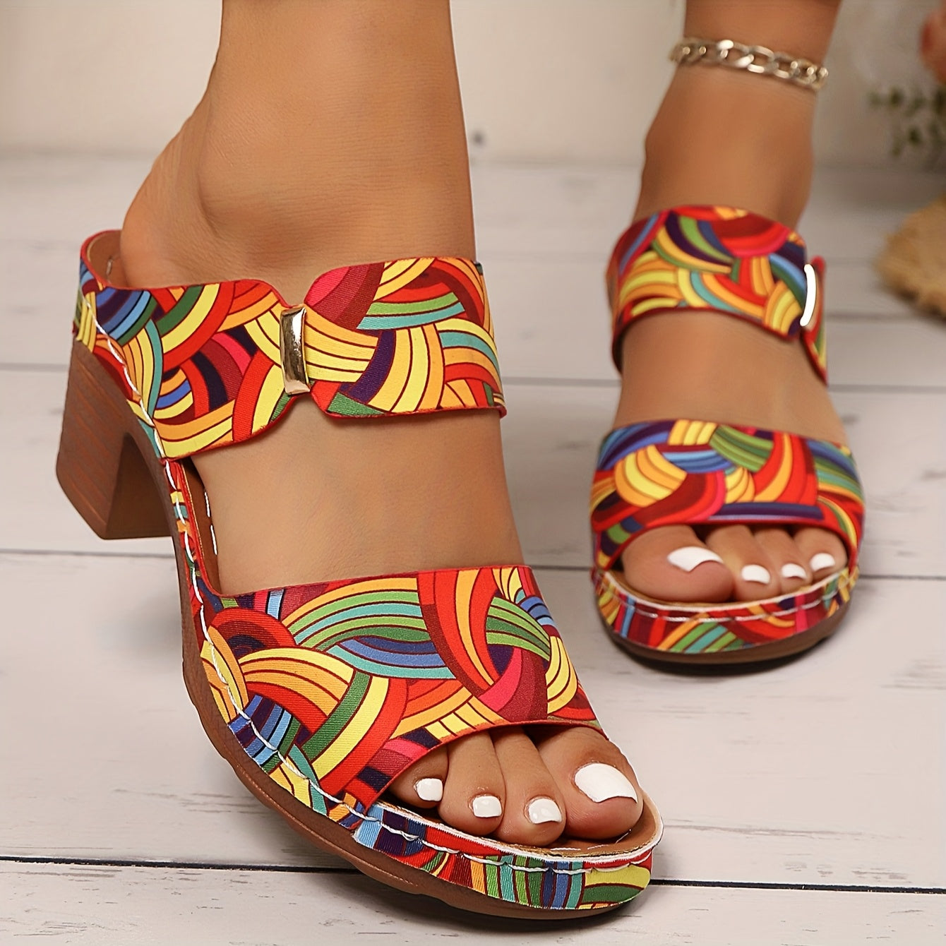 Slip-On Floral Block Heel Sandals