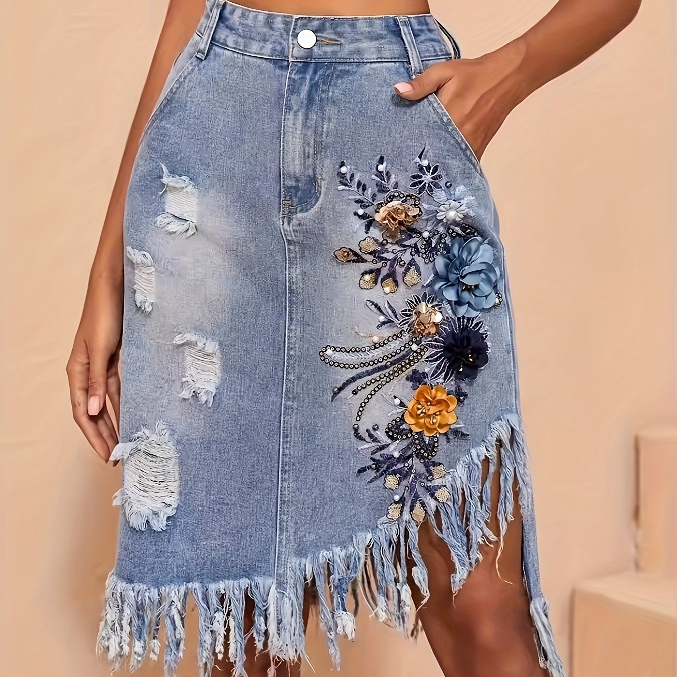 High-Waist Embroidered Distressed Denim Skirt With Fringe Hem
