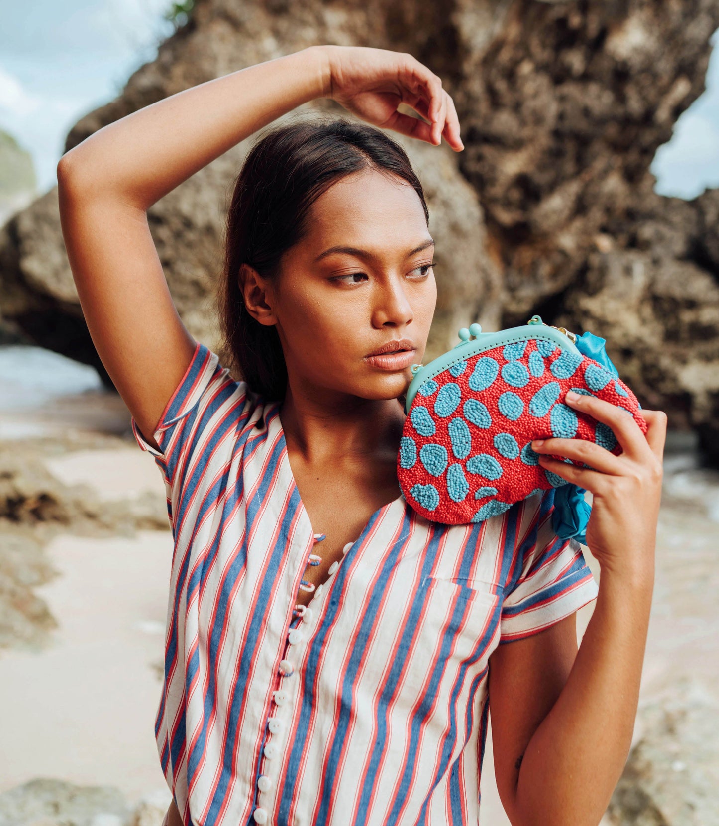 ARNOLDI ARIELA Hand-beaded Clutch Bag In Red & Turquoise Blue