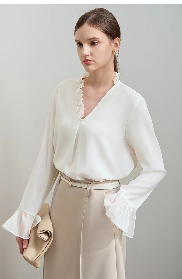 AMII Black Ruffle Splicing Loose Chiffon Shirt
