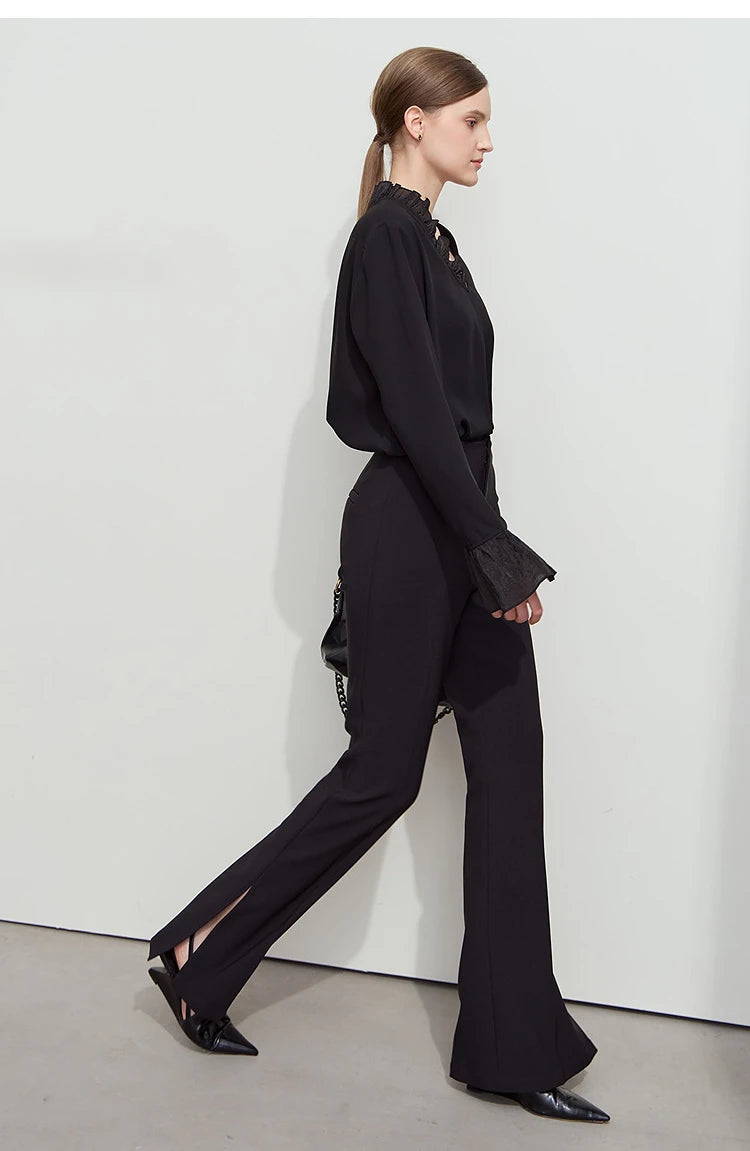 AMII Black Ruffle Splicing Loose Chiffon Shirt