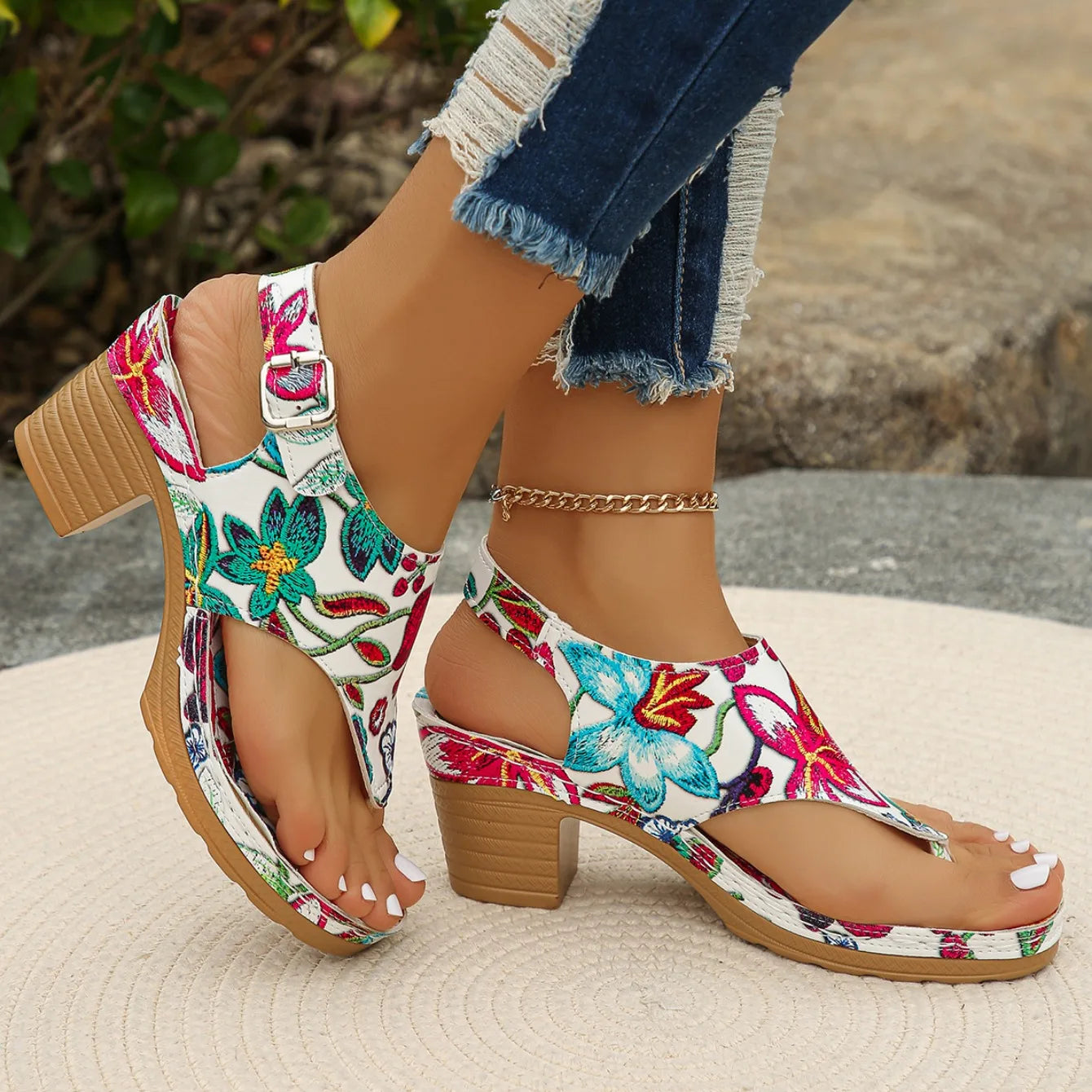 Colorful Floral Open Toe Block Heels Rome Sandals