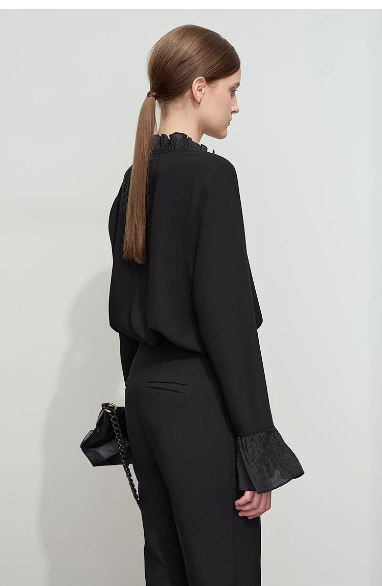 AMII Black Ruffle Splicing Loose Chiffon Shirt