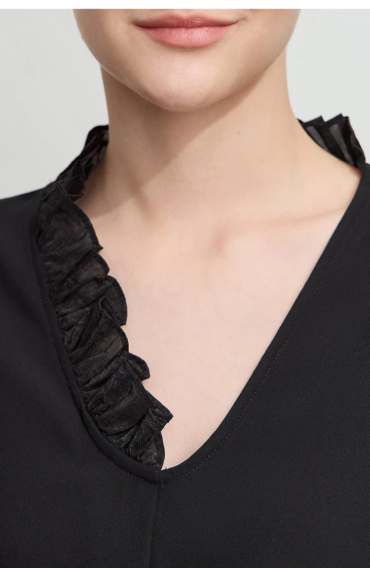 AMII Black Ruffle Splicing Loose Chiffon Shirt