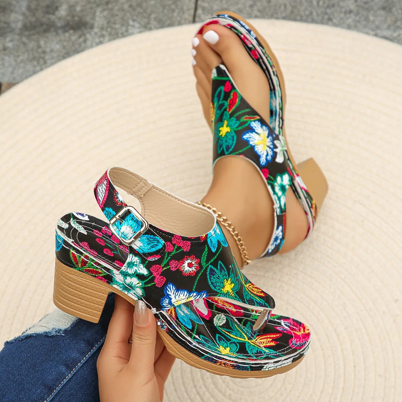 Colorful Floral Open Toe Block Heels Rome Sandals