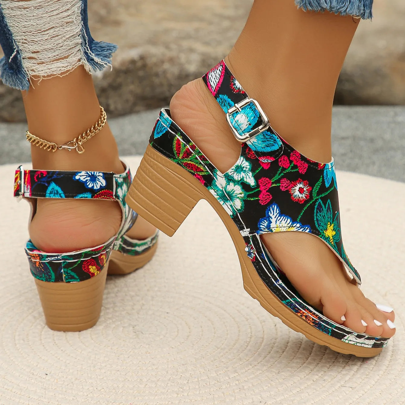 Colorful Floral Open Toe Block Heels Rome Sandals