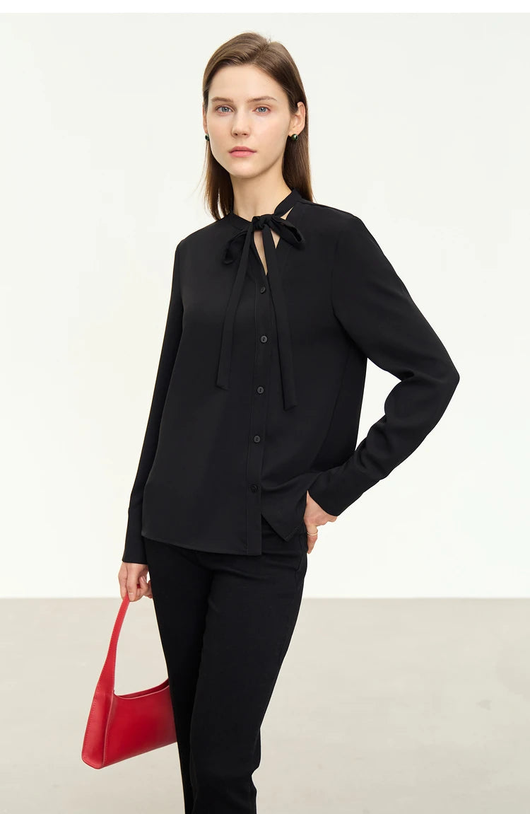 AMII Stand Collar Lace Up Chiffon Blouse