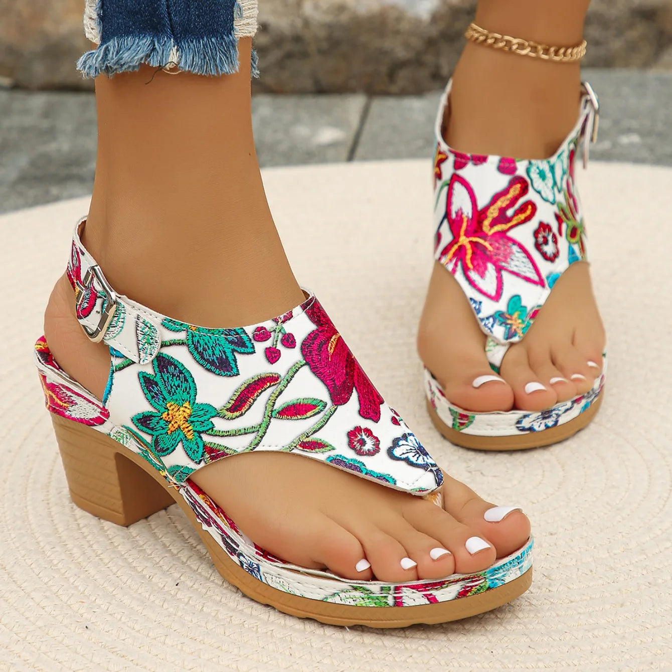 Colorful Floral Open Toe Block Heels Rome Sandals