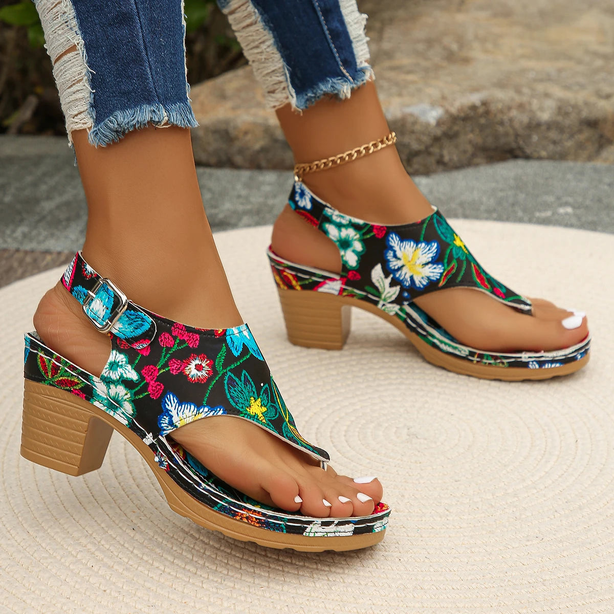 Colorful Floral Open Toe Block Heels Rome Sandals