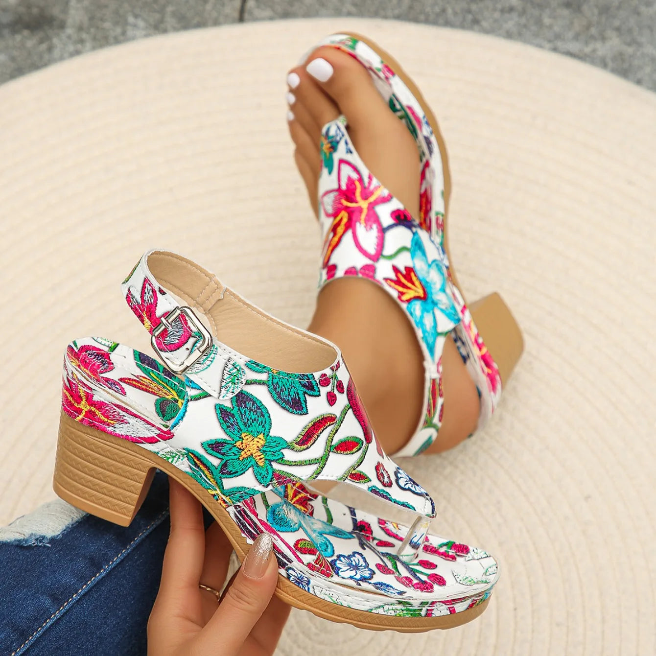 Colorful Floral Open Toe Block Heels Rome Sandals