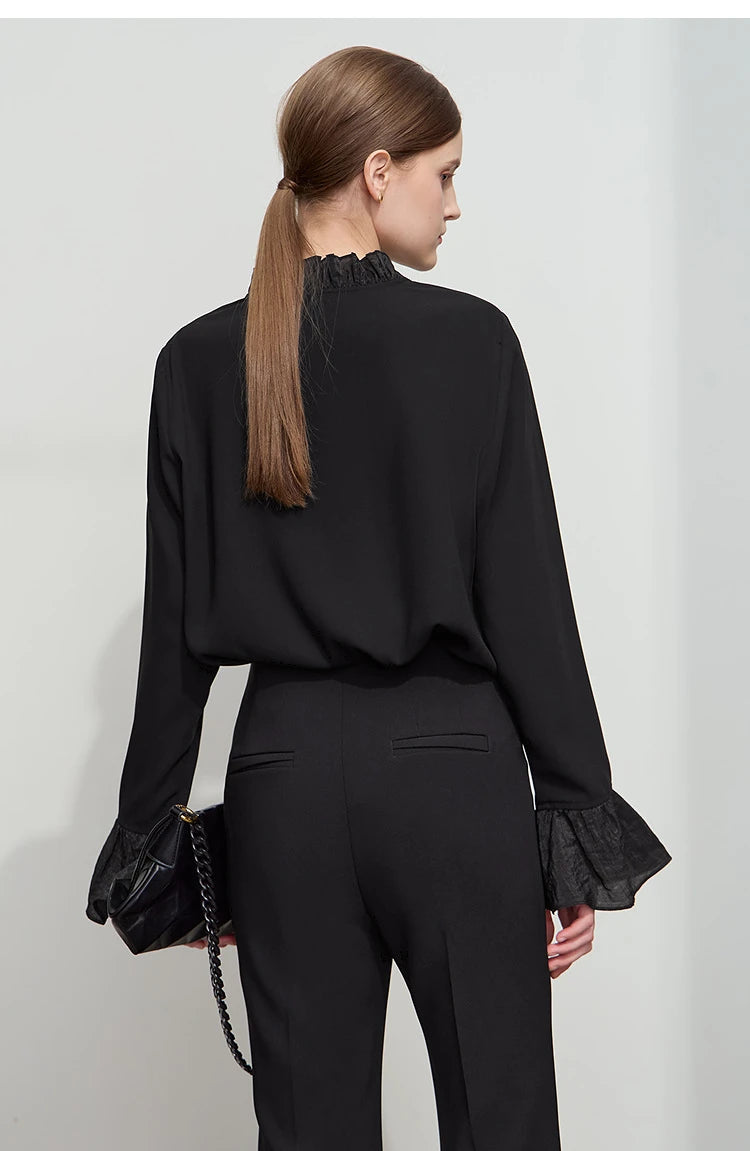 AMII Black Ruffle Splicing Loose Chiffon Shirt