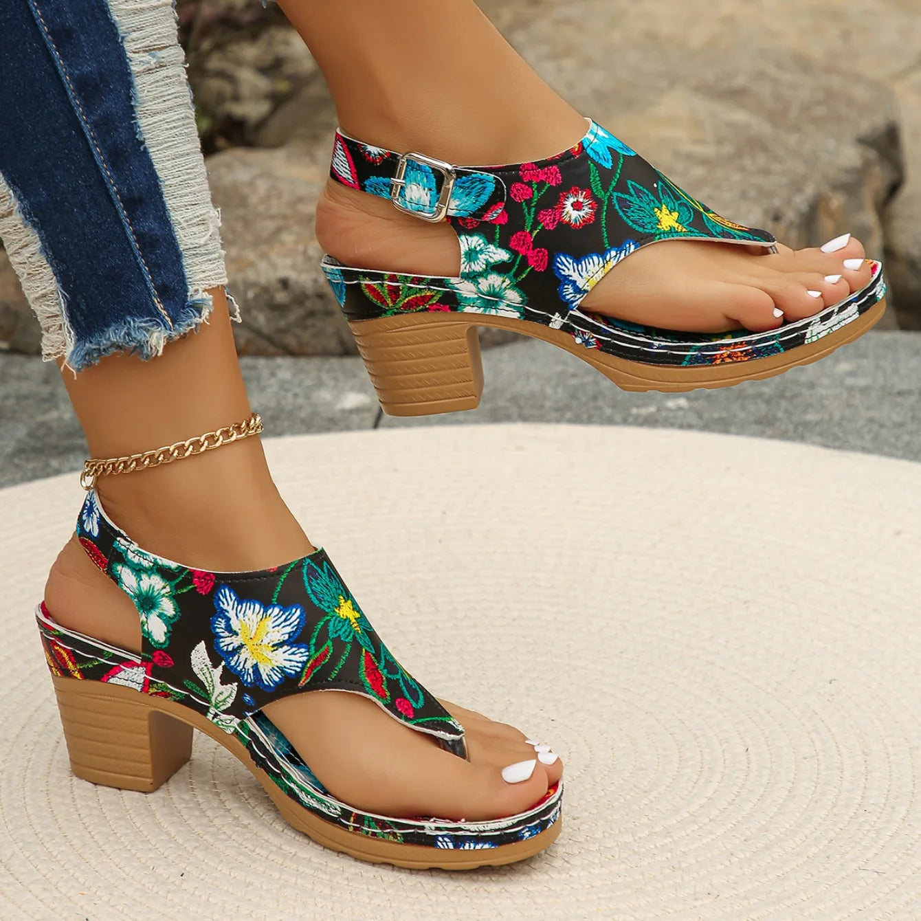 Colorful Floral Open Toe Block Heels Rome Sandals