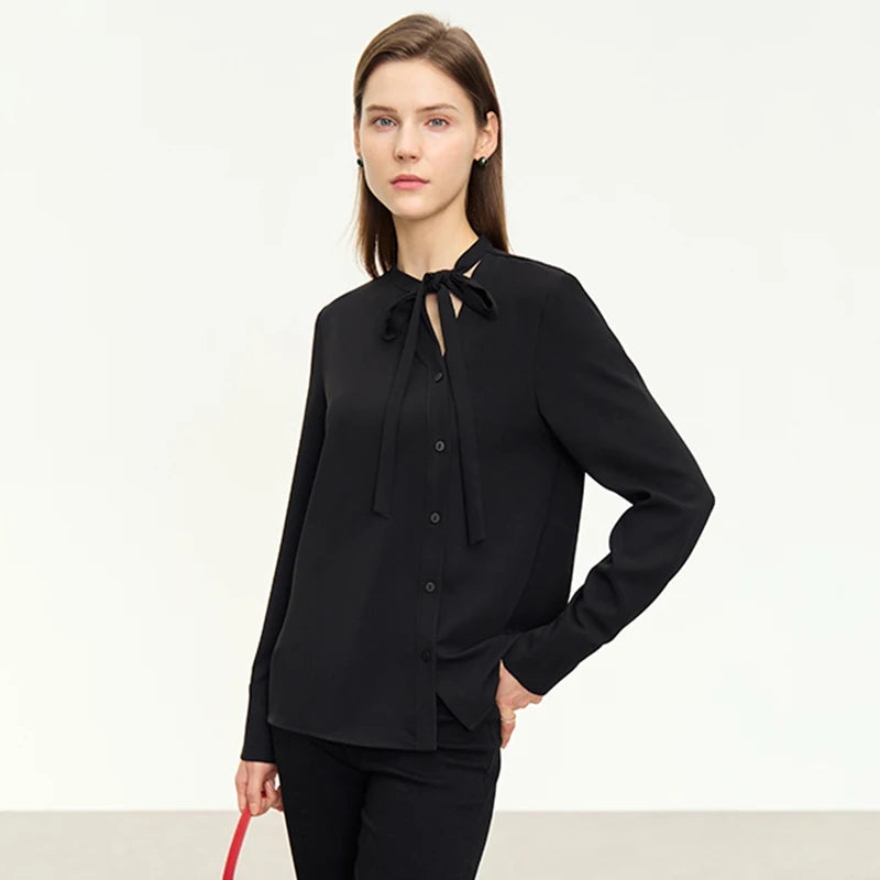AMII Stand Collar Lace Up Chiffon Blouse