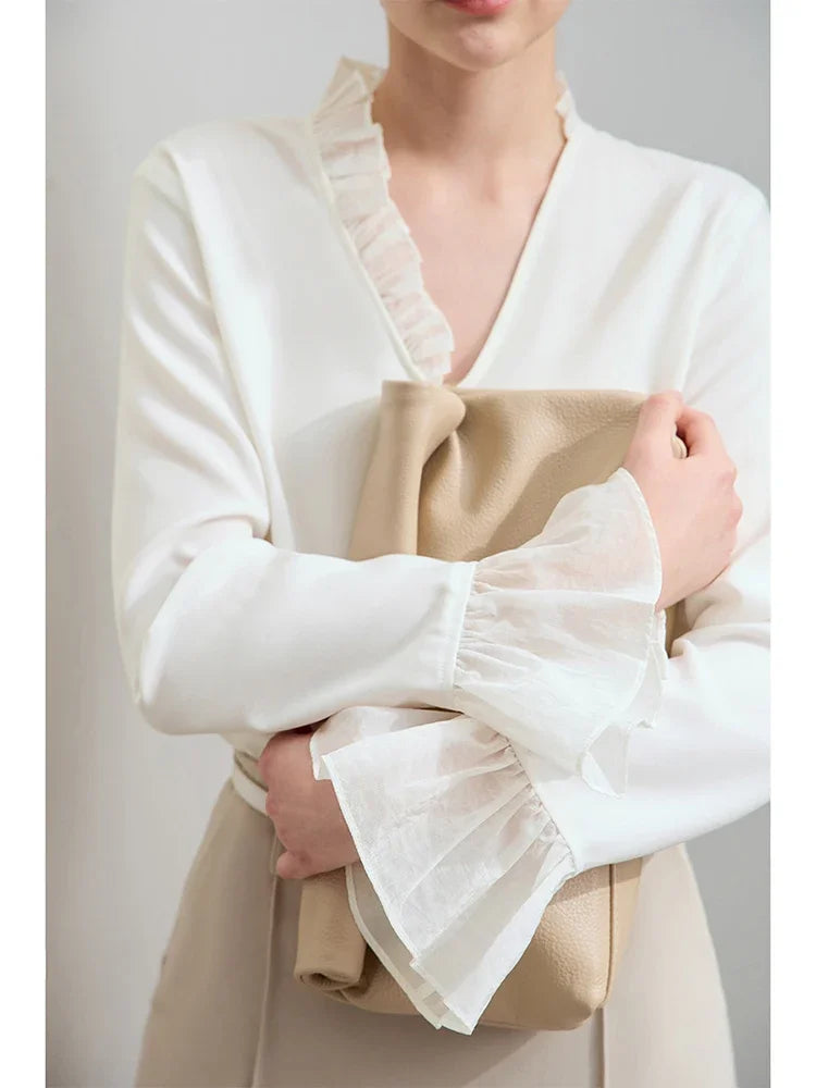 AMII Black Ruffle Splicing Loose Chiffon Shirt