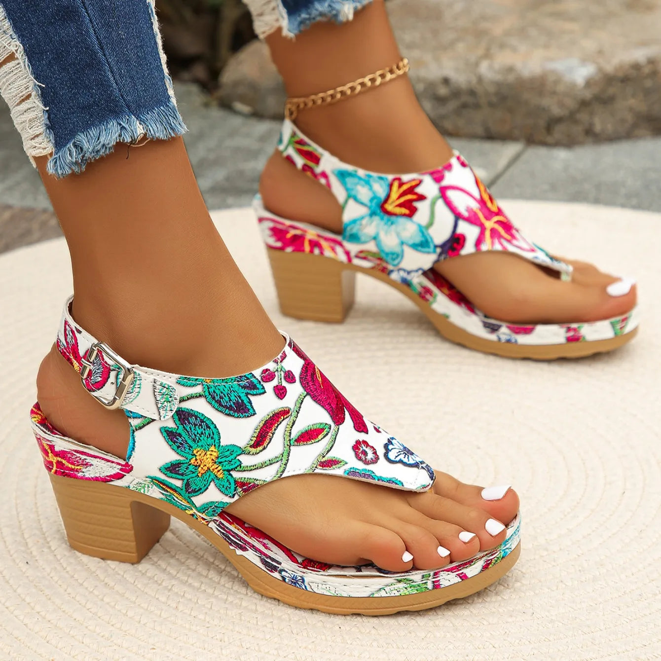 Colorful Floral Open Toe Block Heels Rome Sandals