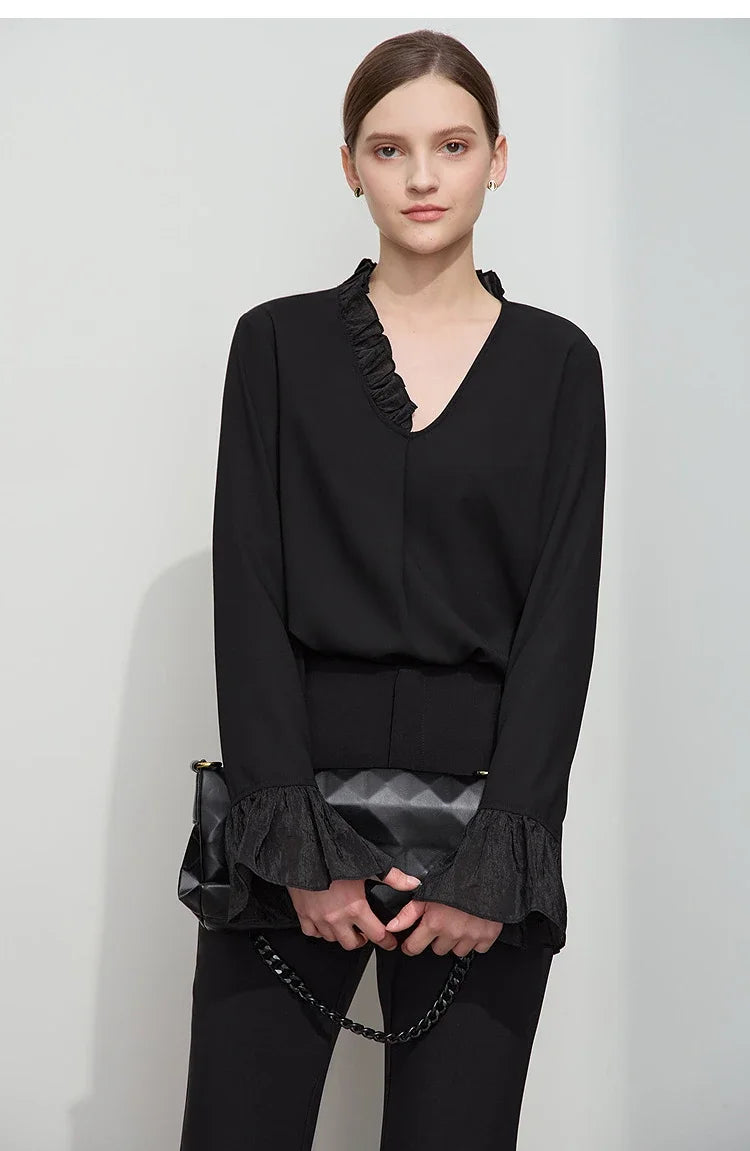 AMII Black Ruffle Splicing Loose Chiffon Shirt