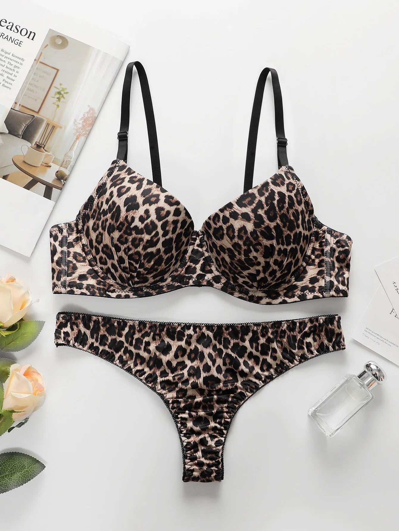 Leopard Print Push Up Bra & Panties Set With Steel Ring Gathering