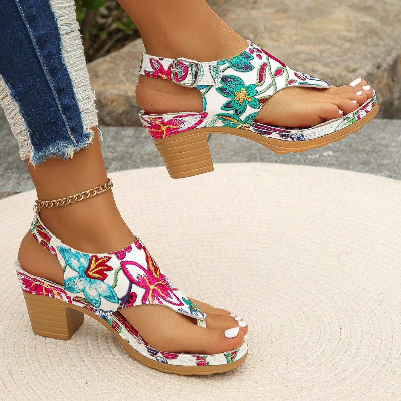 Colorful Floral Open Toe Block Heels Rome Sandals