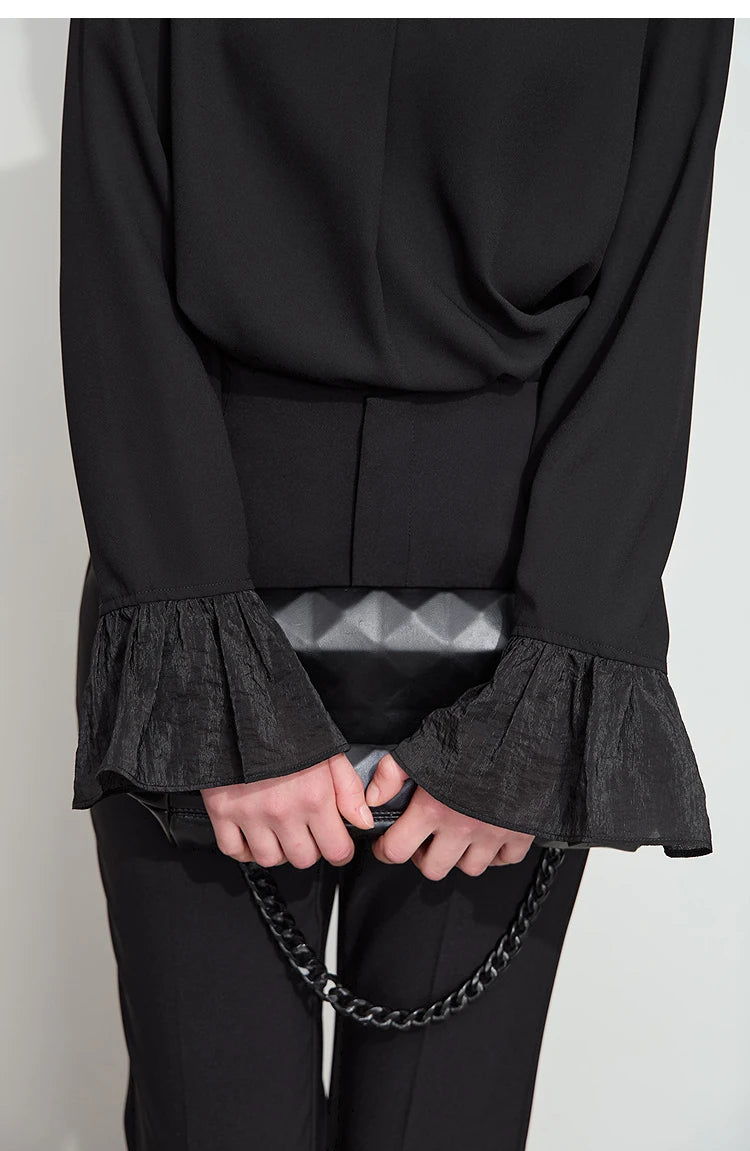 AMII Black Ruffle Splicing Loose Chiffon Shirt