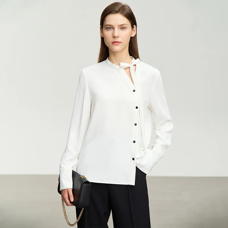 AMII Stand Collar Lace Up Chiffon Blouse
