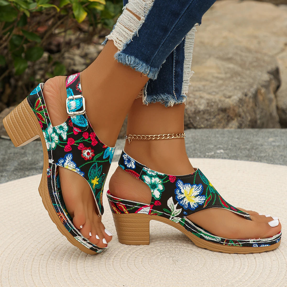 Colorful Floral Open Toe Block Heels Rome Sandals