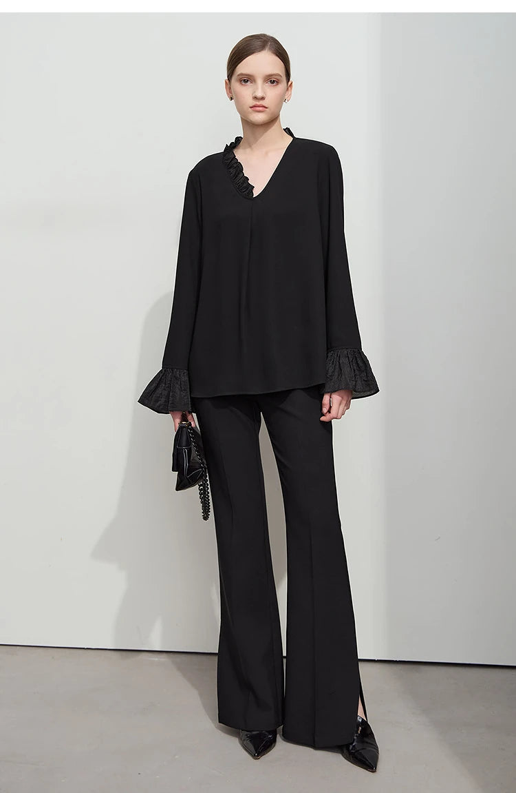 AMII Black Ruffle Splicing Loose Chiffon Shirt