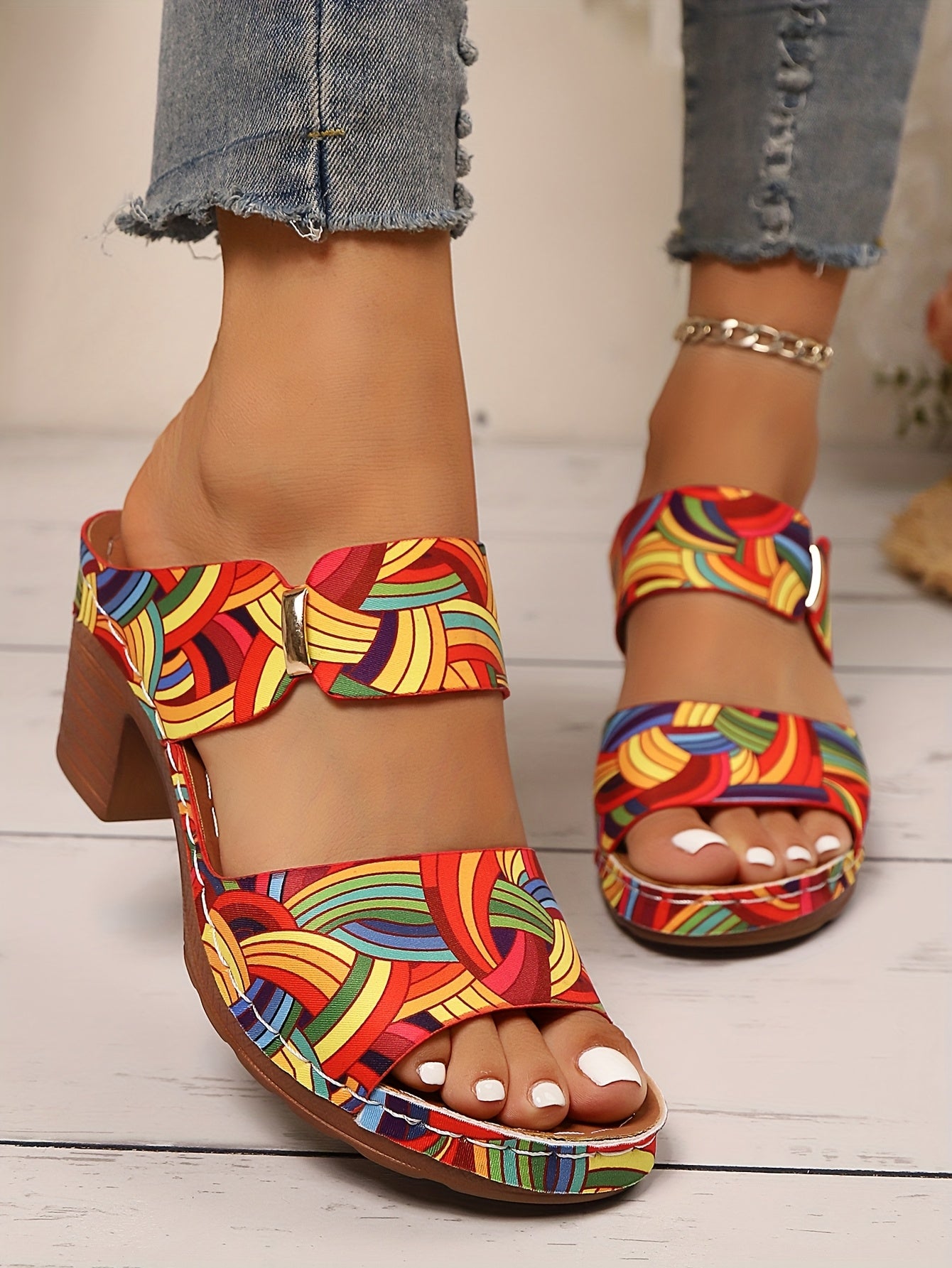 Slip-On Floral Block Heel Sandals