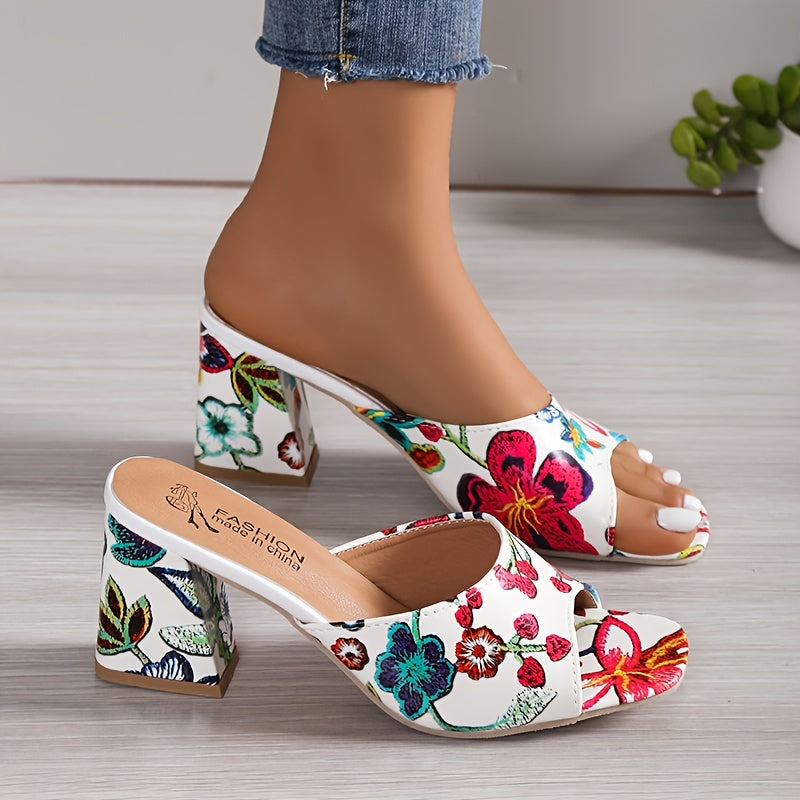 Floral Block Heel Slip-On Glam Sandals