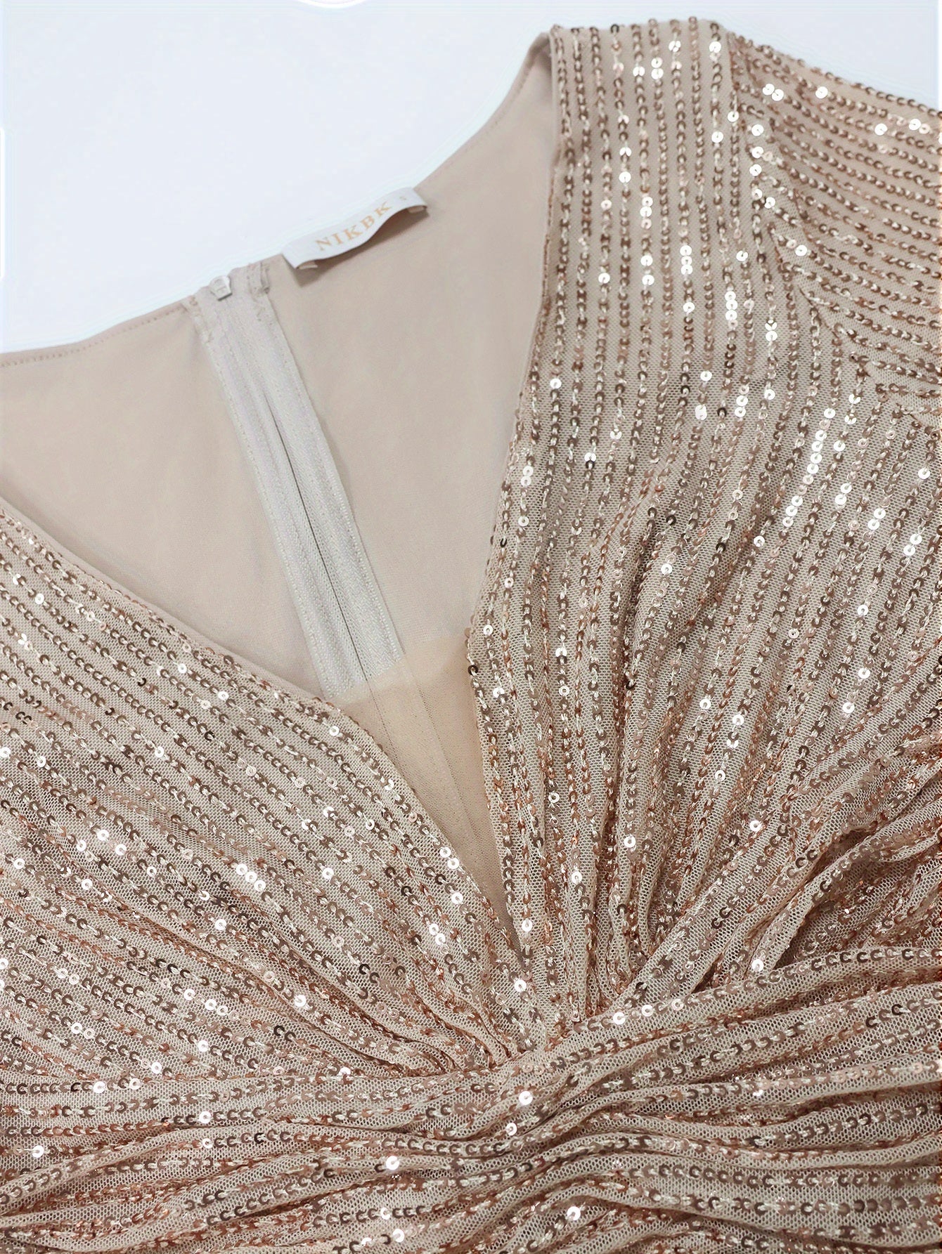 Deep V-Neck, Short Sleeve, Sequin Formal Gown with Waist Ruching