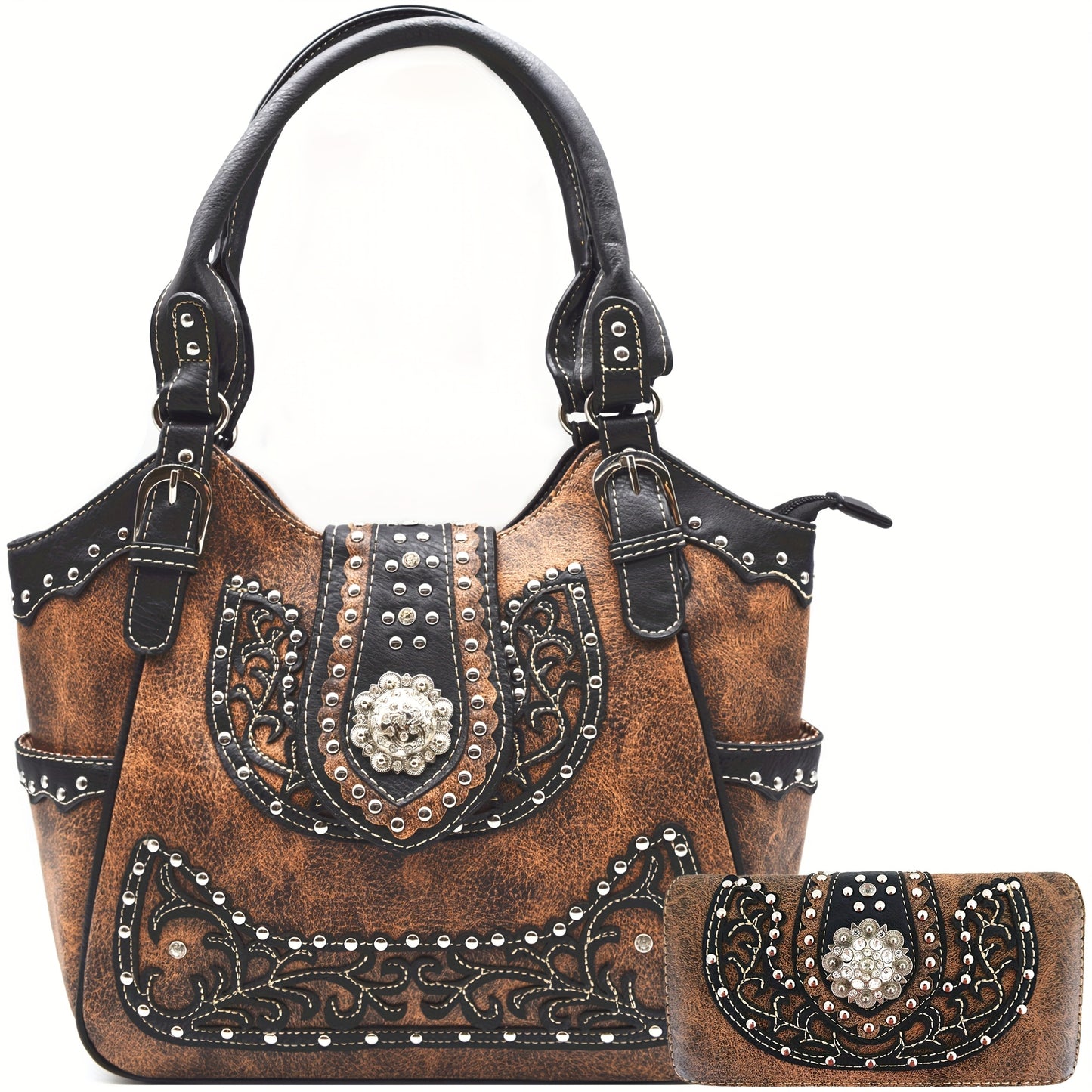 Western Style Brown Concho Studded Shoulder Bag And Wallet Set
