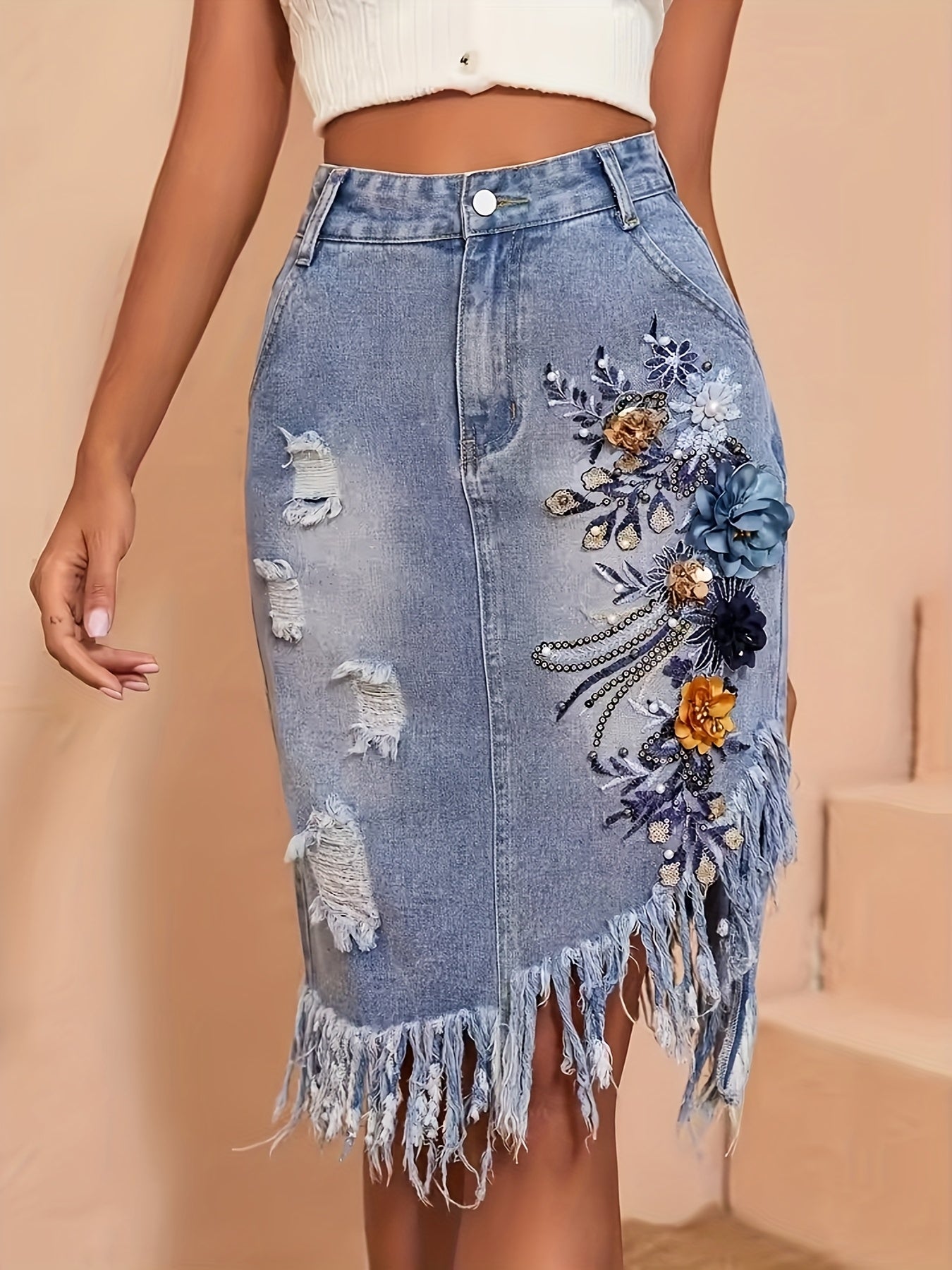 High-Waist Embroidered Distressed Denim Skirt With Fringe Hem