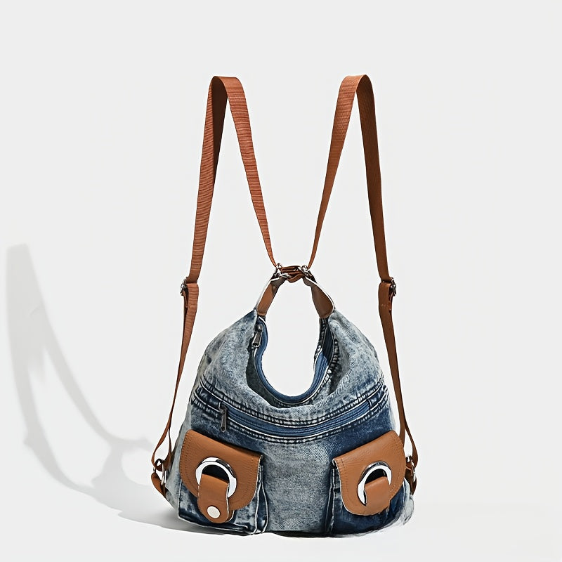 Large Capacity Washed Denim Shoulder Backpack Purse