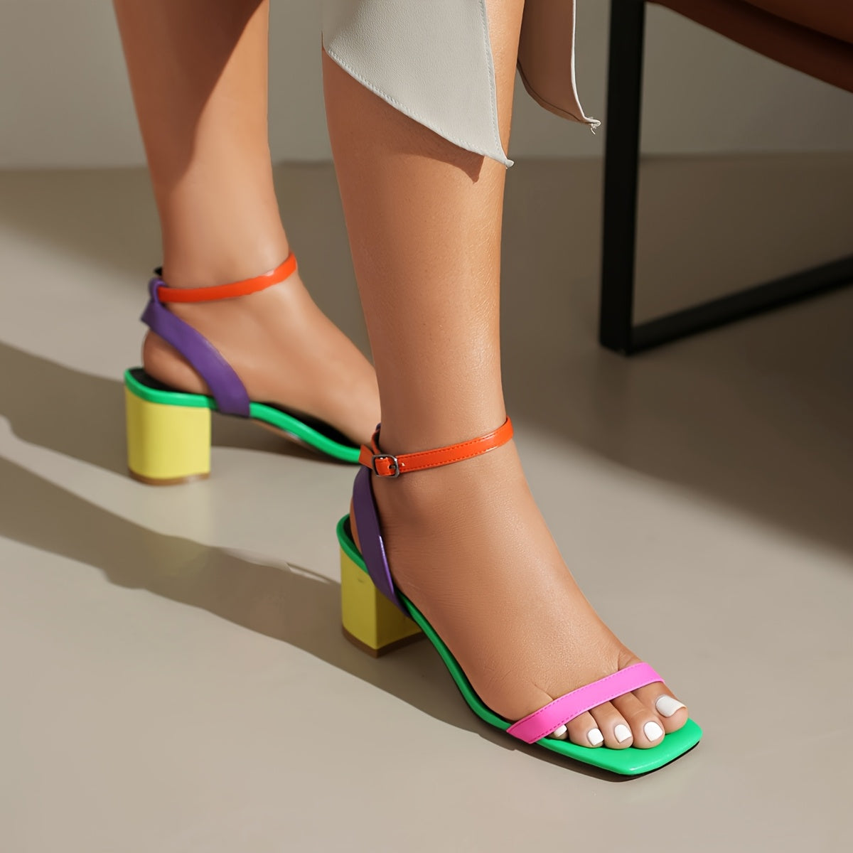 Colorful Ankle Strap Block Mid-Heel Sandals