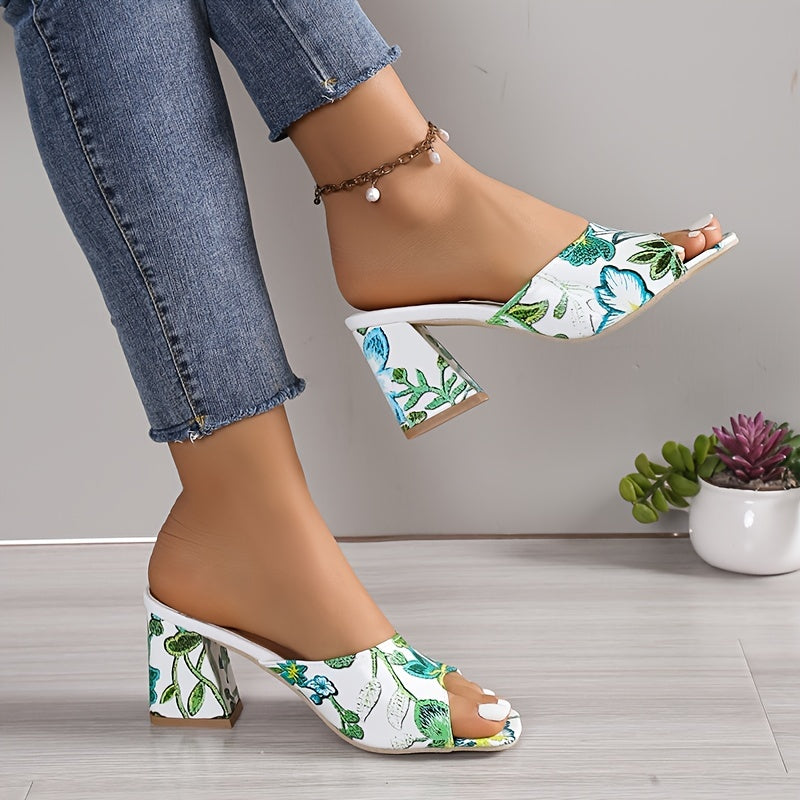 Floral Block Heel Slip-On Glam Sandals