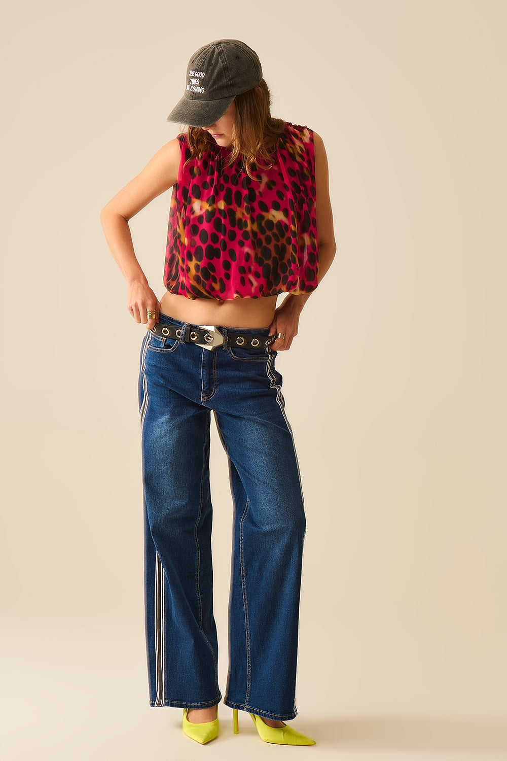 Cropped Pleated Animal Print Top in Red and Black