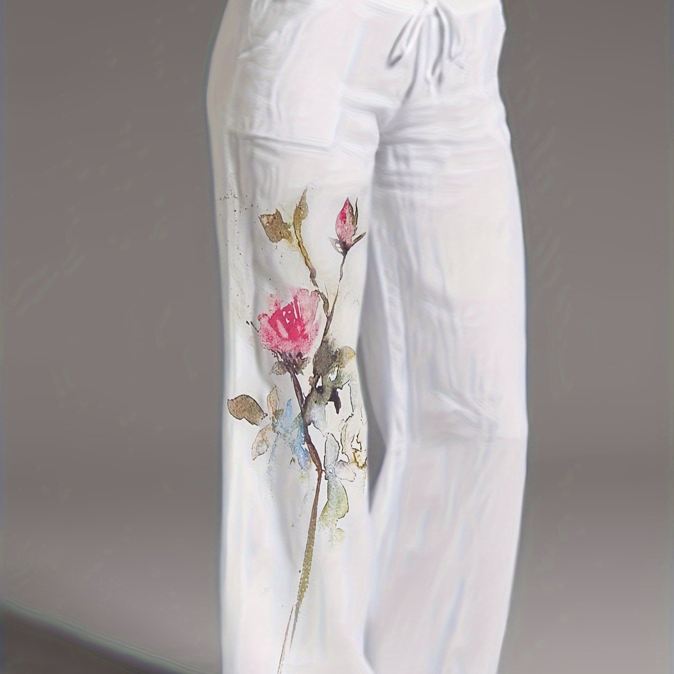 Linen Floral Print Wide Leg Pants