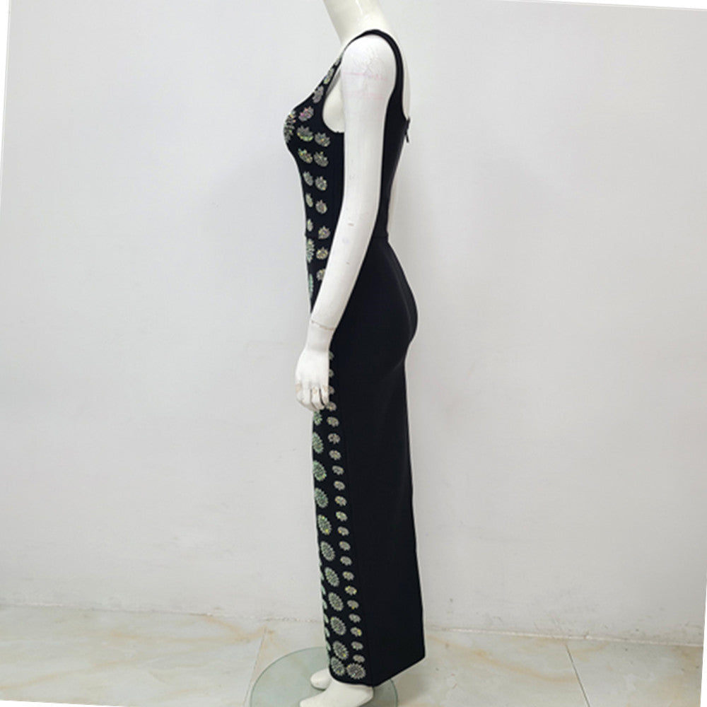 Black Sleeveless U-neck Rhinestone Slim Bandage Evening Dress