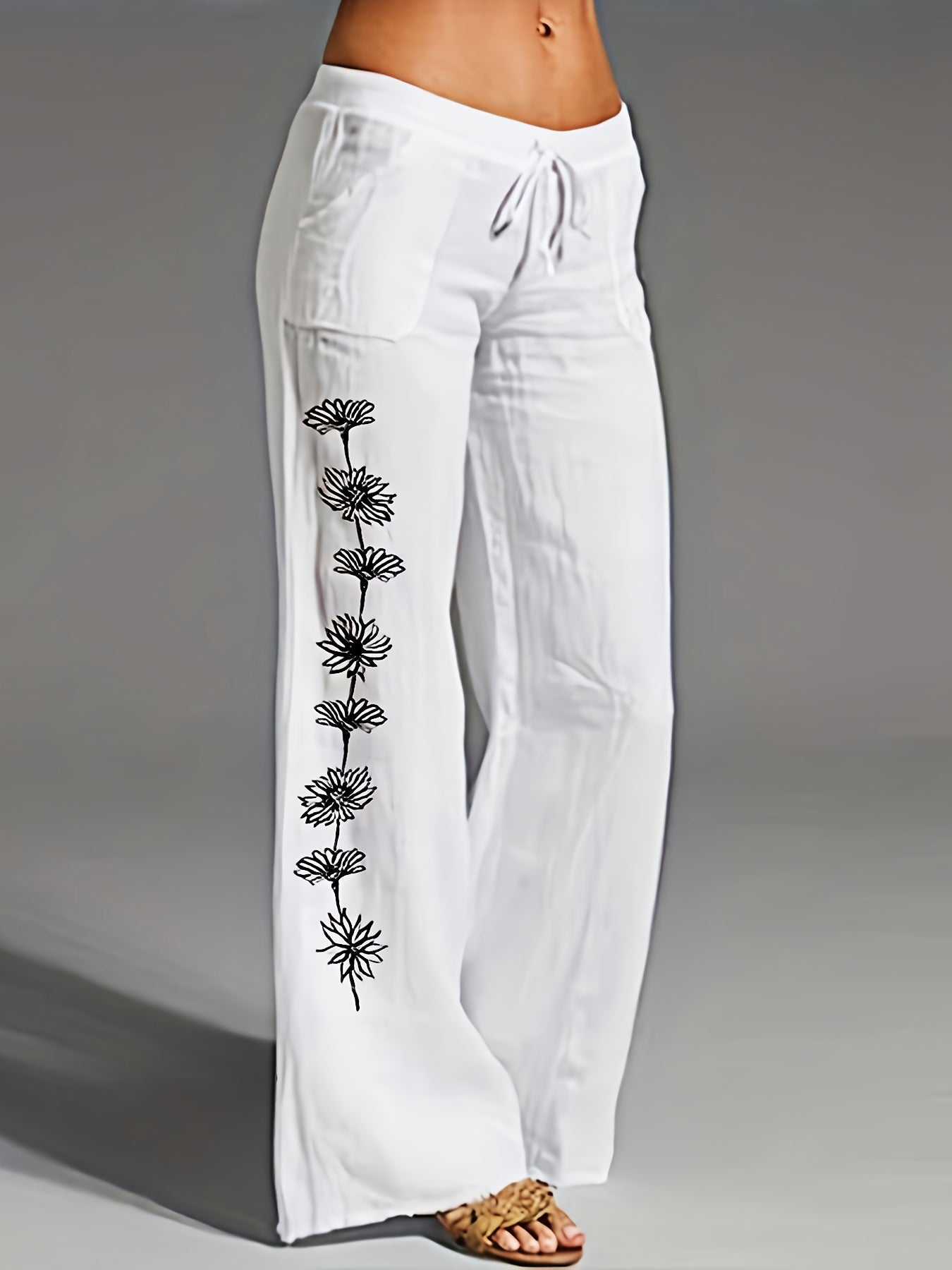 Linen Floral Print Wide Leg Pants