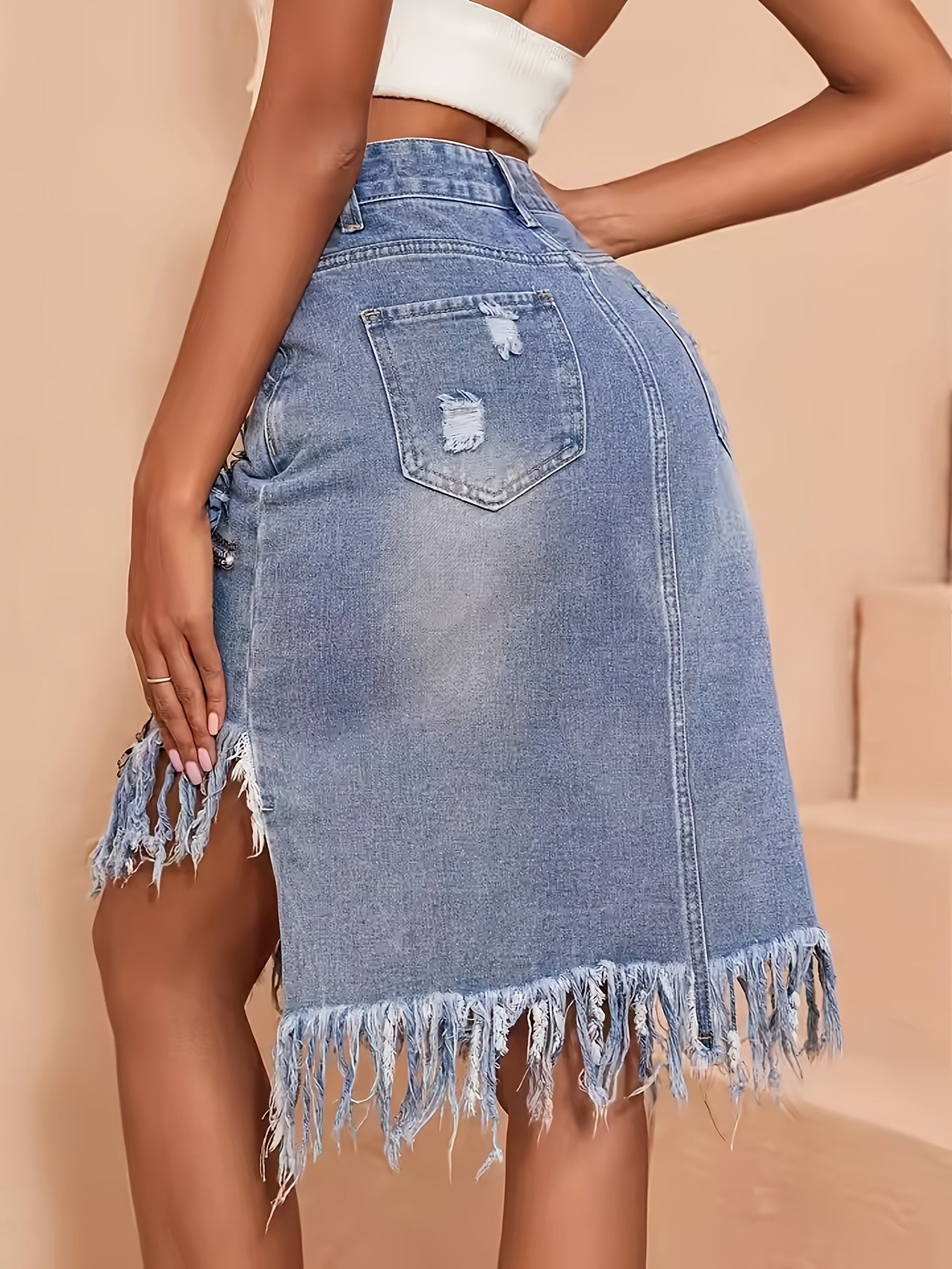 High-Waist Embroidered Distressed Denim Skirt With Fringe Hem