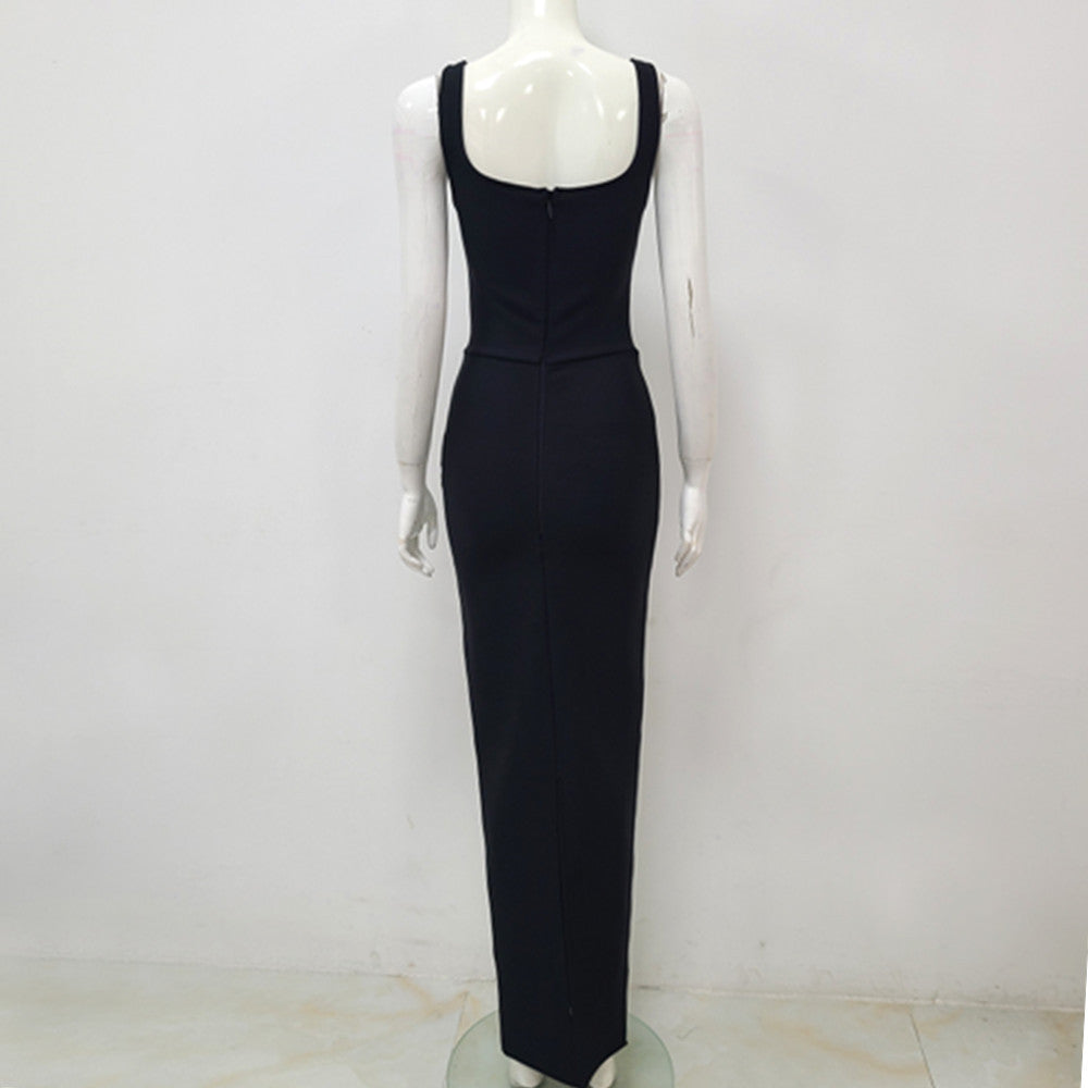 Black Sleeveless U-neck Rhinestone Slim Bandage Evening Dress