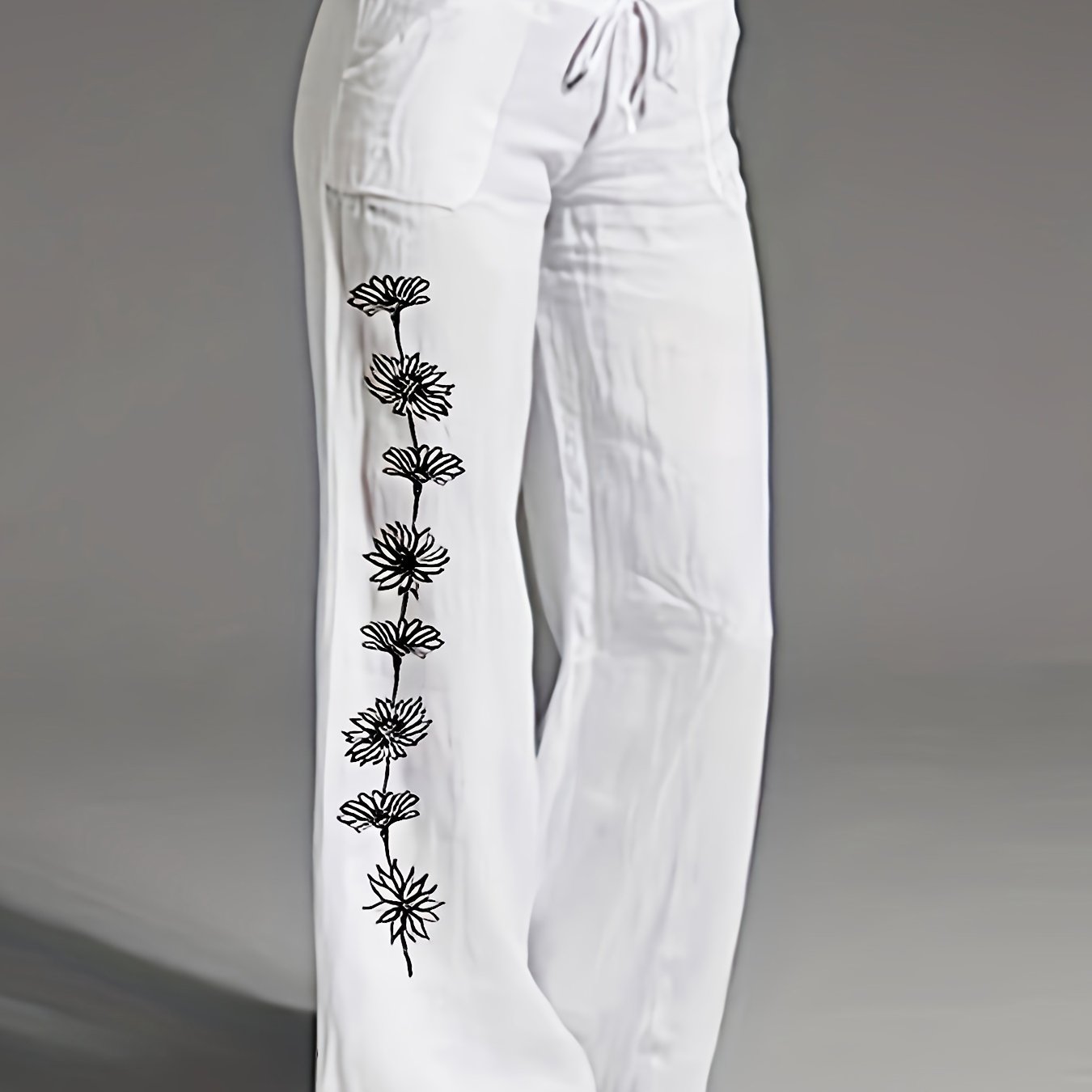 Linen Floral Print Wide Leg Pants