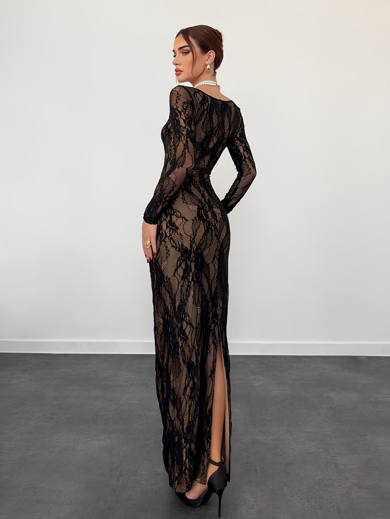 Black Square Neckline Lace Bodycon Long Evening Dress