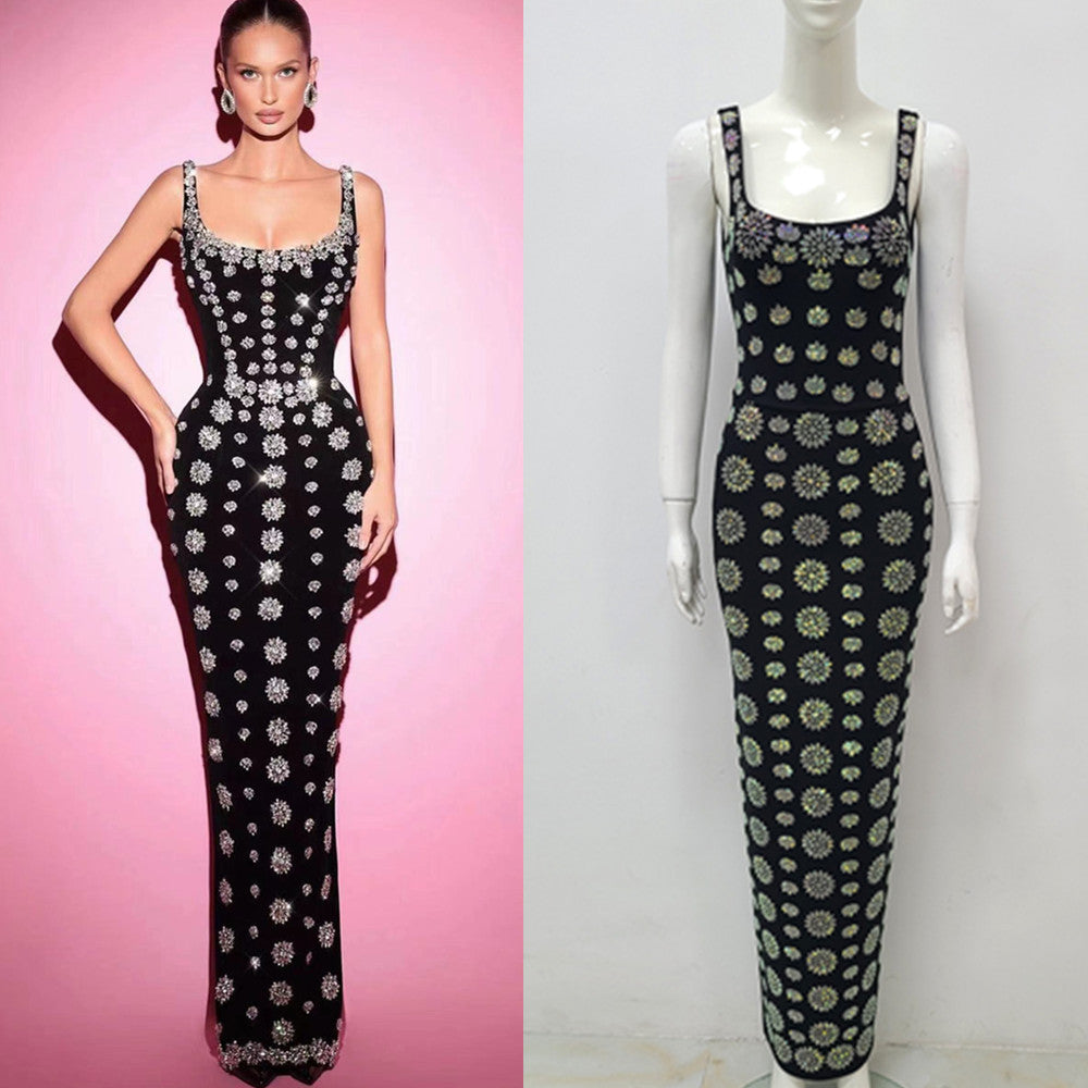 Black Sleeveless U-neck Rhinestone Slim Bandage Evening Dress
