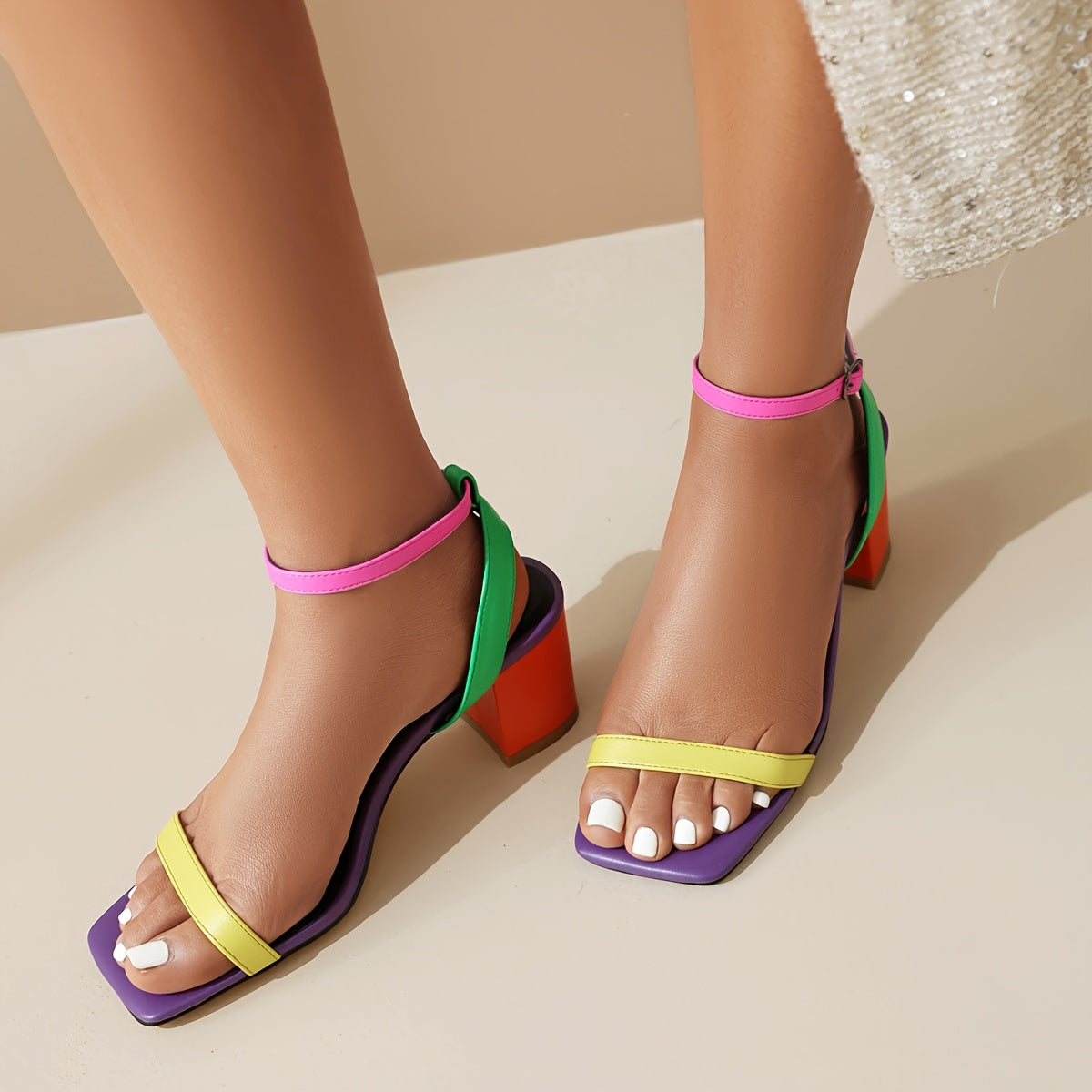 Colorful Ankle Strap Block Mid-Heel Sandals