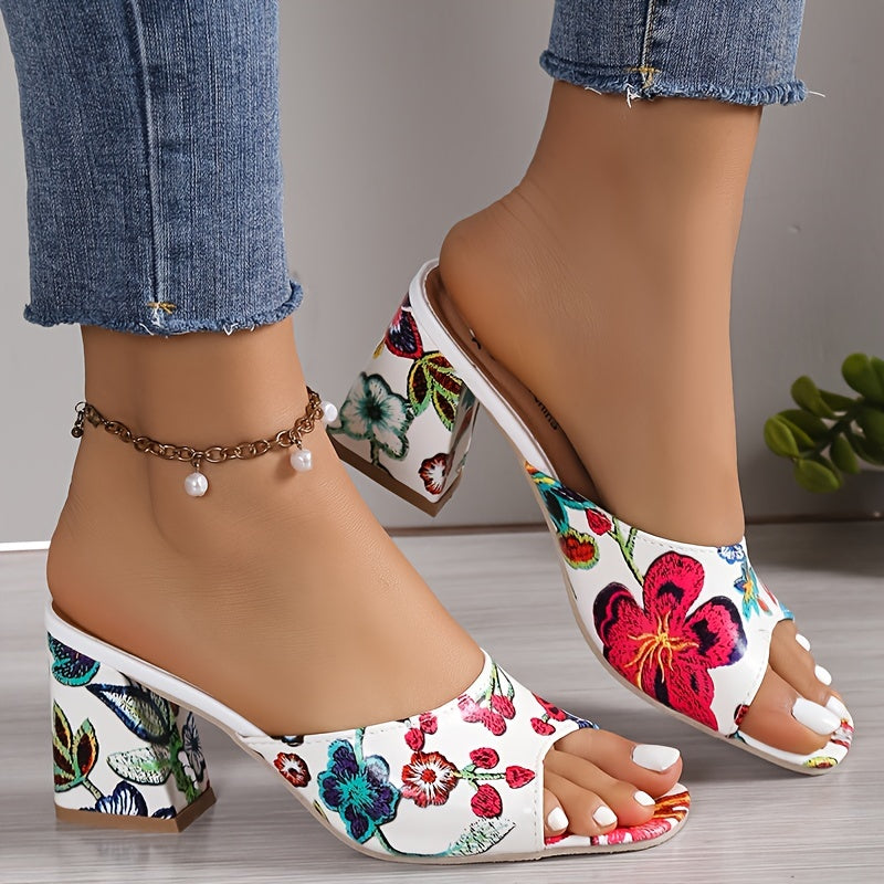 Floral Block Heel Slip-On Glam Sandals