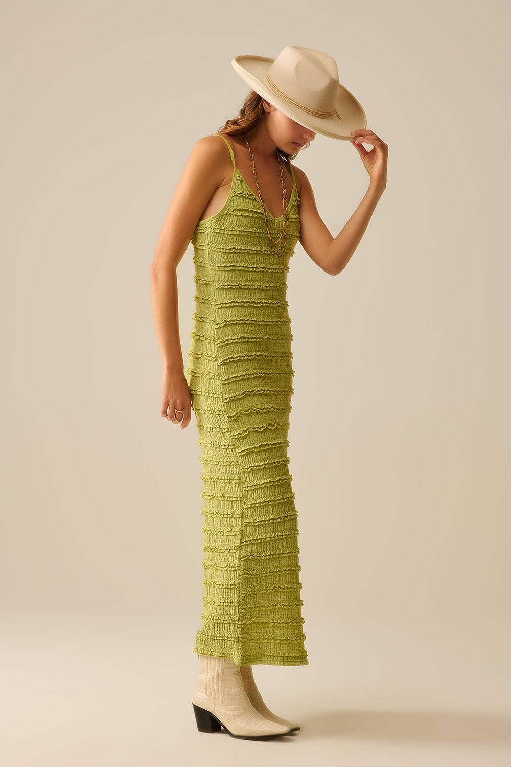 Ruffle Maxi Dress With Slit in Green color