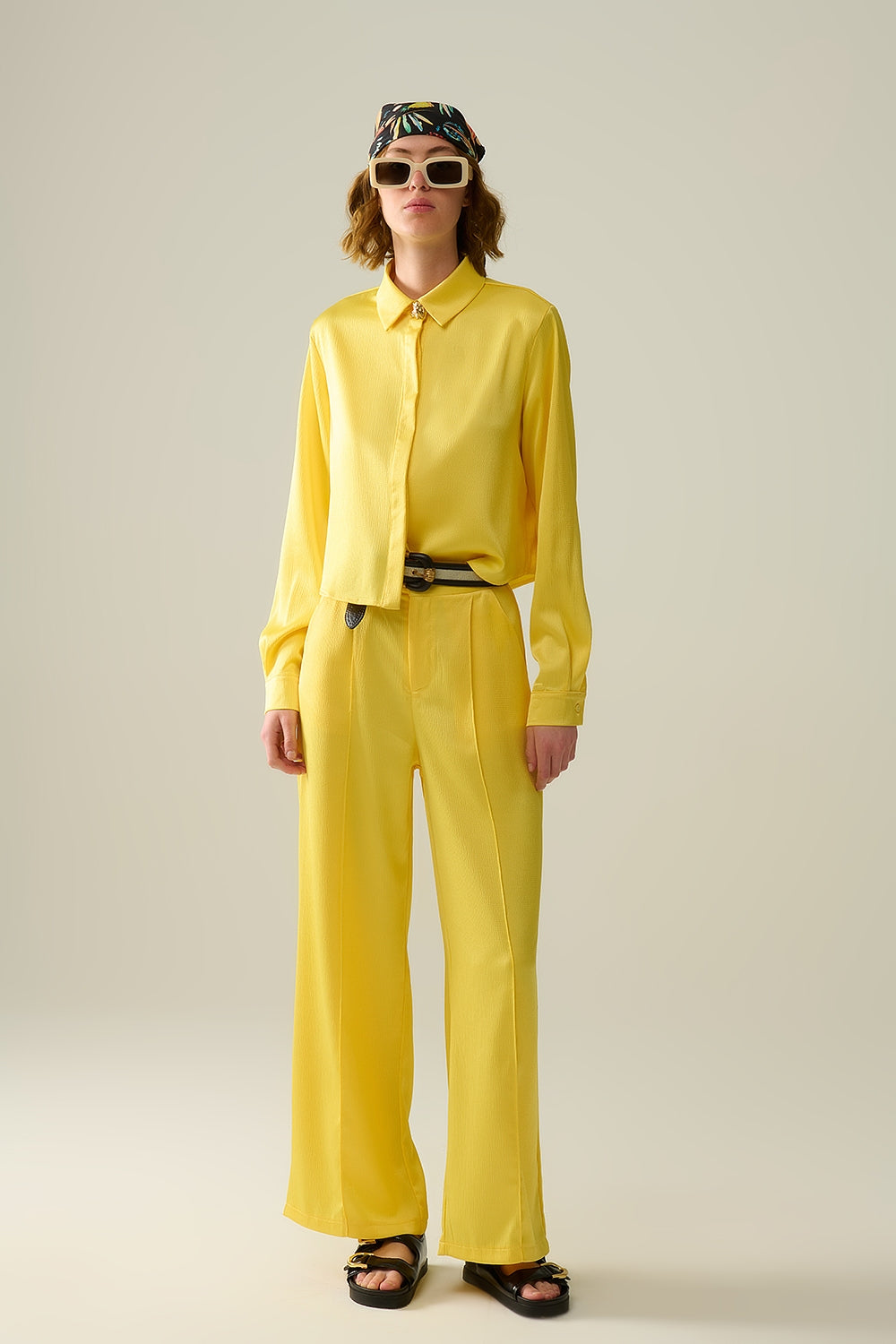 yellow wide leg pants in textured satin