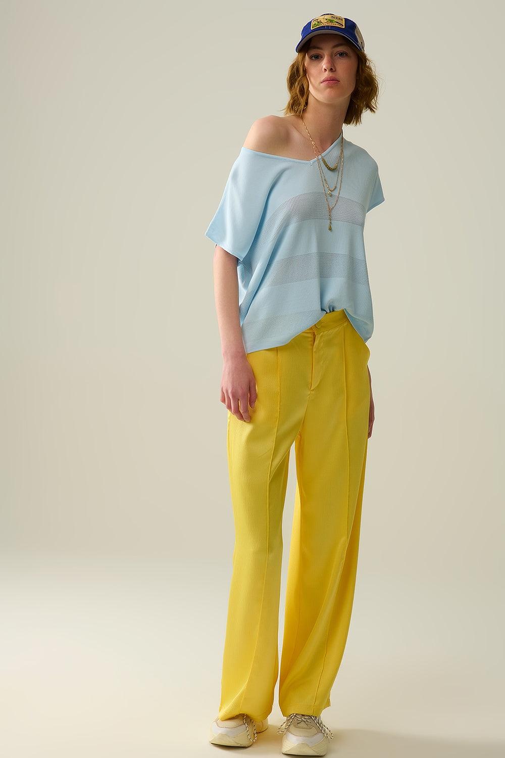 yellow wide leg pants in textured satin